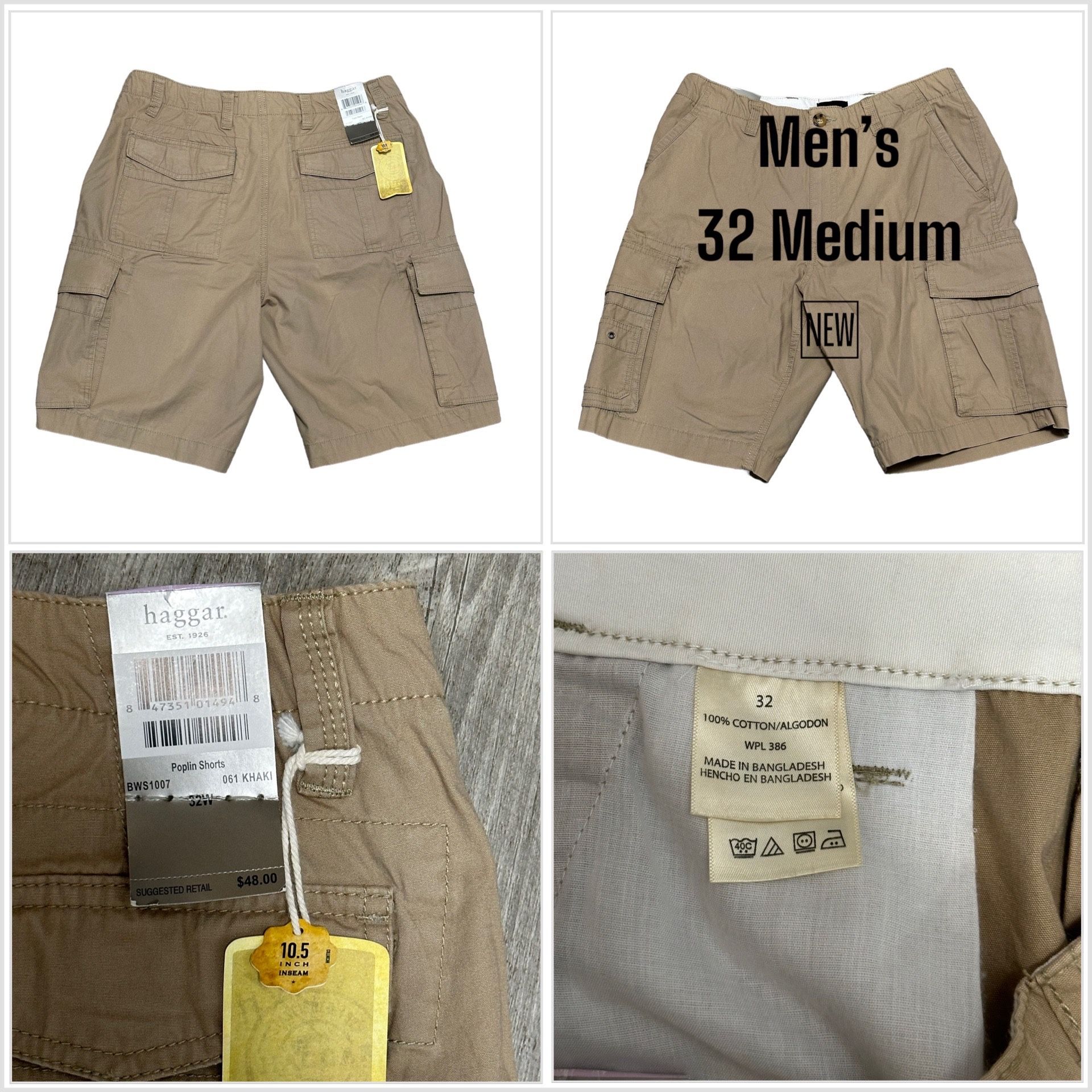 Mens Haggar 32 Medium Shorts Cargo Khaki Durable Workwear 7 Pockets Cotton NWT