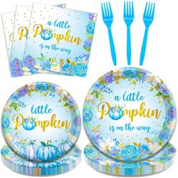 96Pcs Fall Little Pumpkin Baby Shower Plates and Napkins Set, Autumn A Little Pumpkin is on The Way Party Supplies Decorations Thanksgiving Boy Blue F