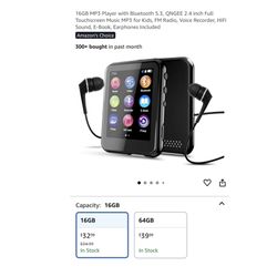 Brand new 16GB MP3 Player with Bluetooth 5.3, QNGEE 2.4 inch Full Touchscreen Music MP3 for Kids, FM Radio, Voice Recorder, HiFi Sound, E-Book, Earpho