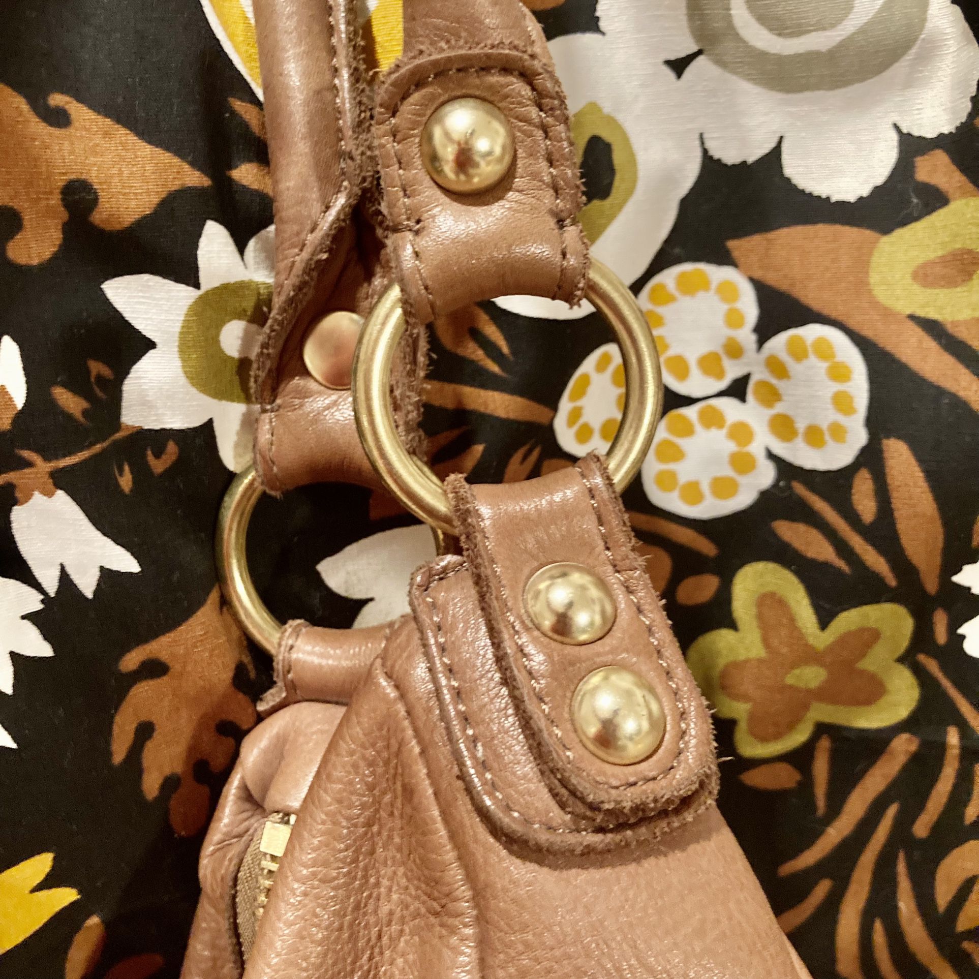Linea Pelle large tan leather zebra canvas interior slouch handbag purse gold brass hardware 