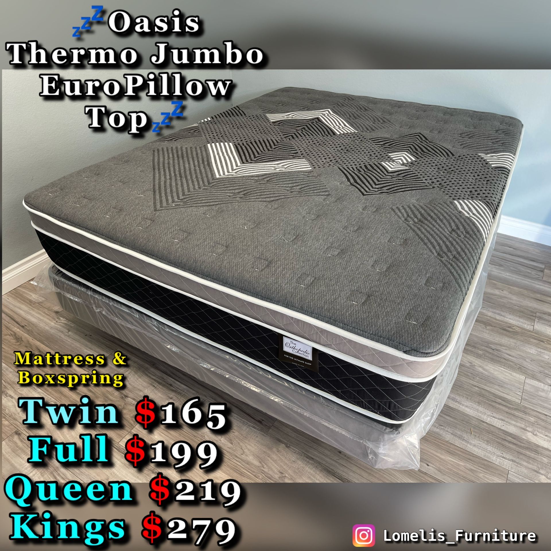 12in Queen Oasis Thermo Jumbo Pillow Top Mattress and Boxspring