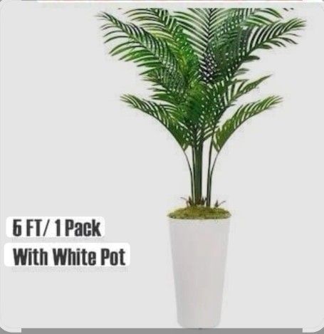 New. 6 Foot Palm Plant UV Resistant w/white Tall Planter, Faux Palm Plant for Outdoor Decor