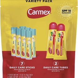 Carmex Daily Care Moisturizing Lip Balm Pack, SPF 15, Strawberry & Cupcake Batter Flavor Variety Pack Bag, 9 Count (7 Sticks, 2 Tubes)  strawberry fla