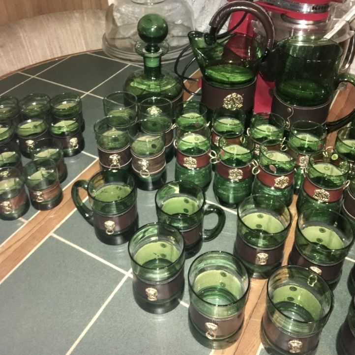 Huge Lot Hand Blown Italian Green Glass Barware