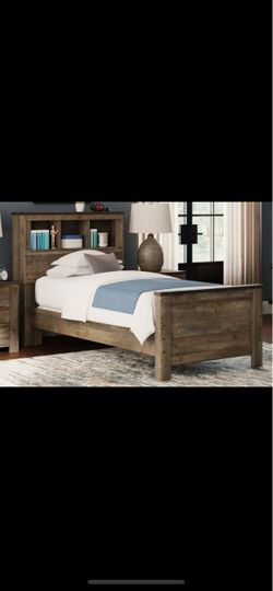 Rustic Wood Twin Bed Frame with Bookcase Headboard