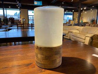 POTTERY BARN Wood and Frosted Glass Hurricane Candle Holder