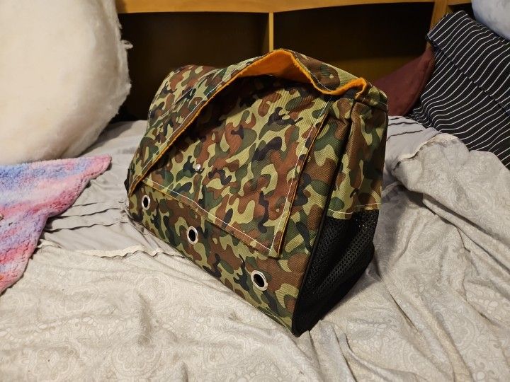 J Star Sling Small Pet Dog Cat Soft Carrier in Camo Print W Orange Fleece Trim