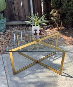West Elm Mid Century Modern Brass & Glass X-Base Coffee Table