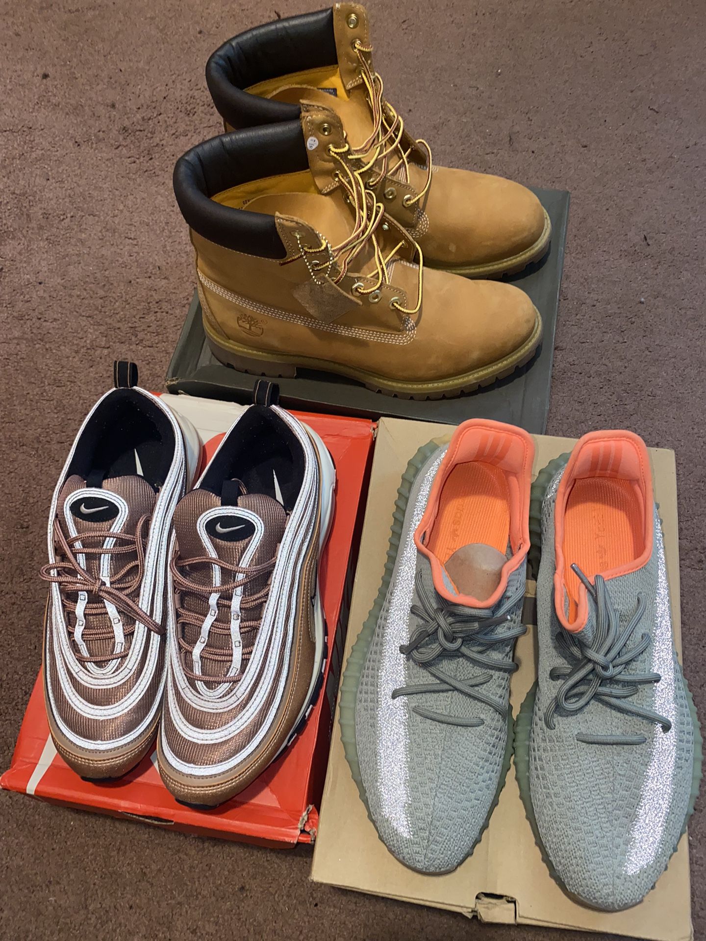 Desert Dust/White Airmax 97 (11.5) | Desert Siege Yeezy 350 (11.5) | Wheat Timberland Boots (11)