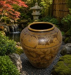 Monumental hand carved Asian stoneware vessel garden Urn
