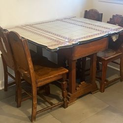  Vintage Ingram-Richardson Enamel Top Draw Leaf Art Deco Table & 4 Wood Art Deco Chairs