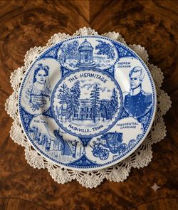 Vintage Blue & White Souvenir Plate The Hermitage Nashville Tenn 7-1/4" Andrew Jackson
