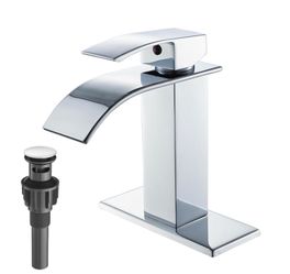 Chrome Bathroom Faucets Waterfall Bathroom Sink Faucet Modern Single Handle Bathroom Faucet For 1 Or 3 Holes With Deck Plate And Pop-Up Drain, Rv Sink