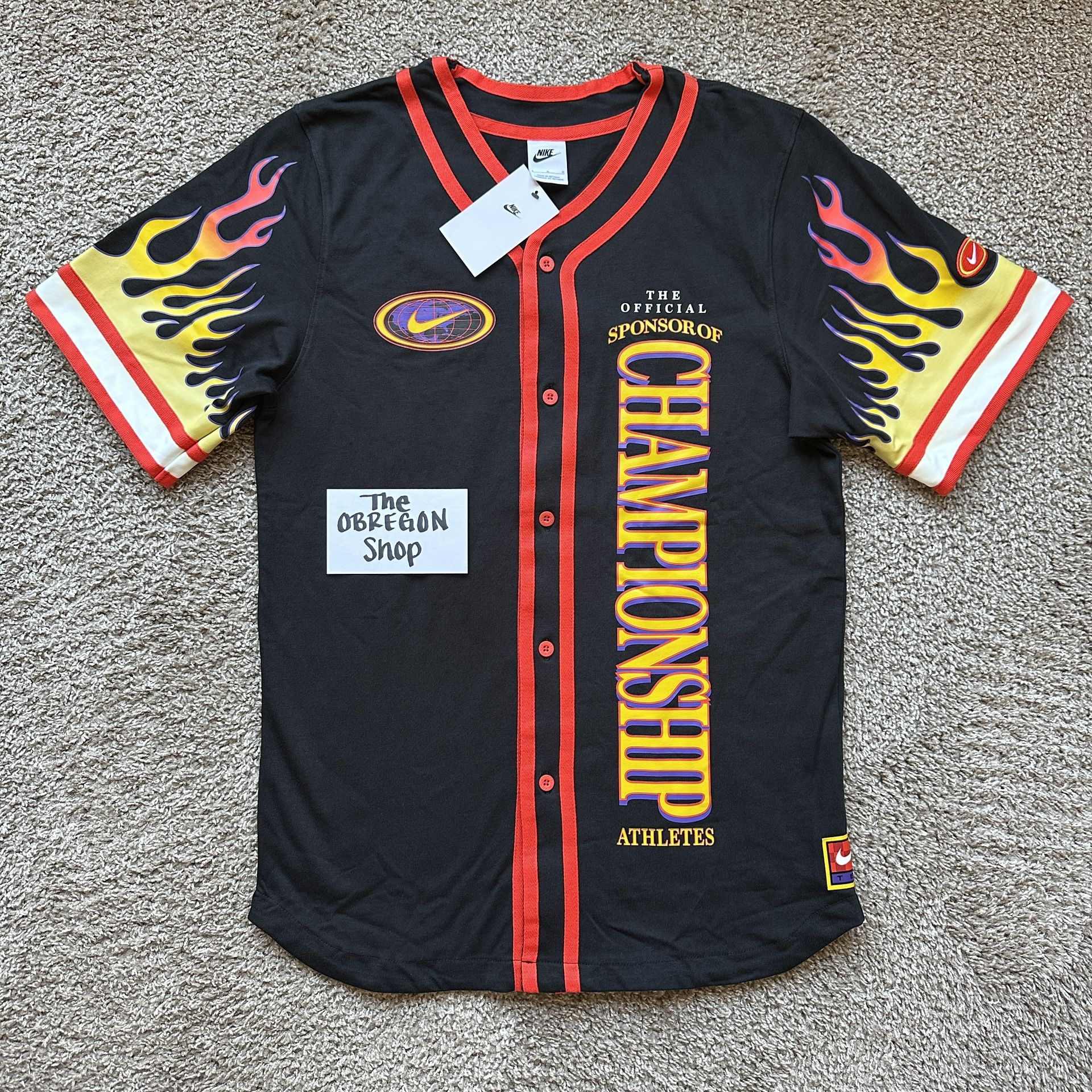 NIKE AMERICANA TOP FLAMES CHAMPIONSHIP BASEBALL JERSEY MENS BUTTON UP SHIRT SIZE LARGE BLACK RED ORANGE YELLOW NEW