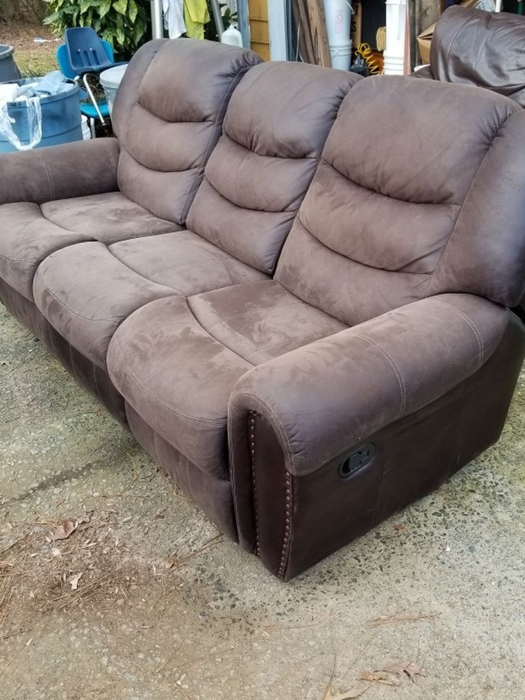 Suede Couch With Two Recliners