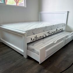 White Full Bed With Trundle And Memory Foam Mattresses 