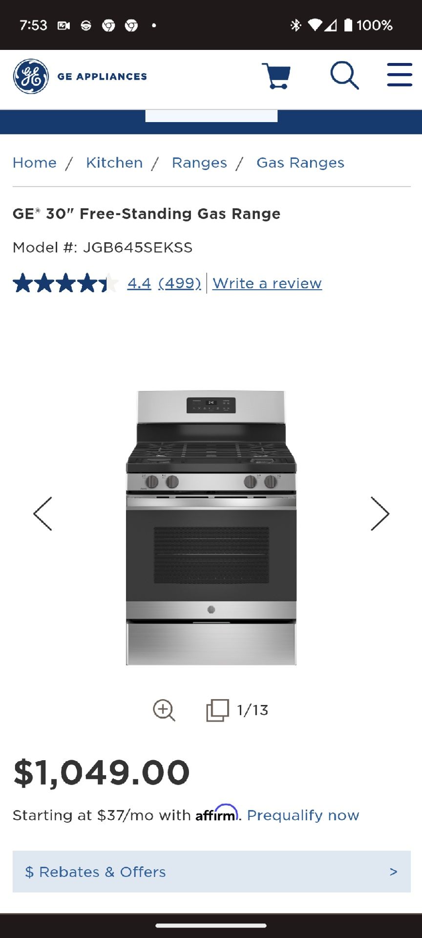 New GE Gas Stove Stainless Steel and Black