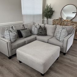 Studded Gray Sectional & Ottoman 