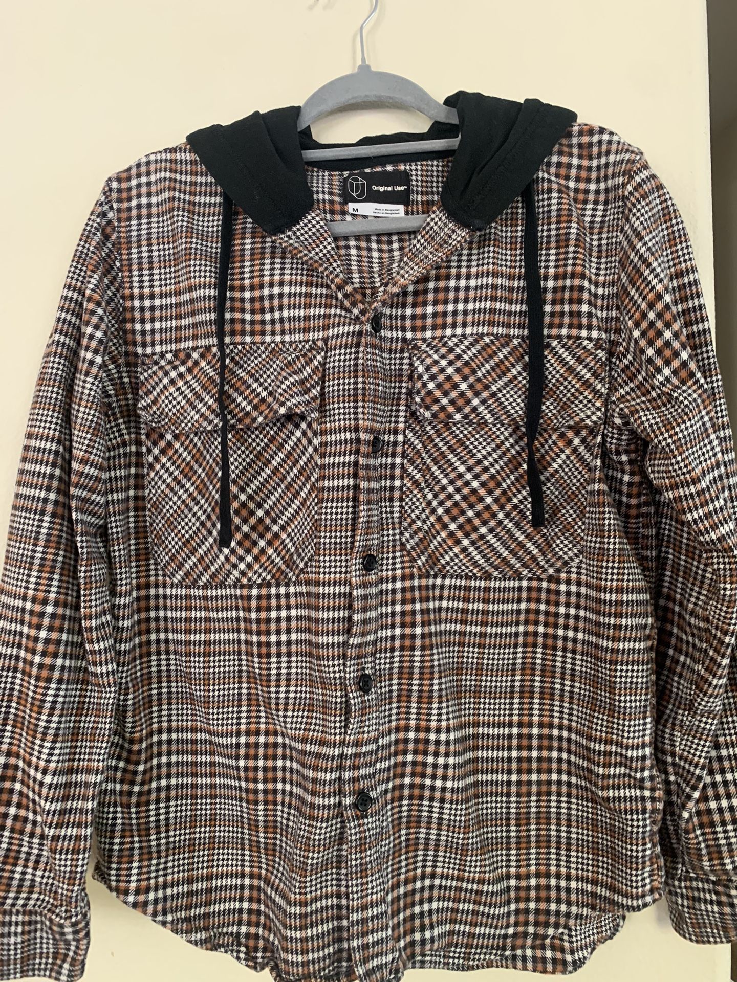 Men's Shirt Long Sleeve Checkered Button-Down Hooded by Original Use SZ..M
