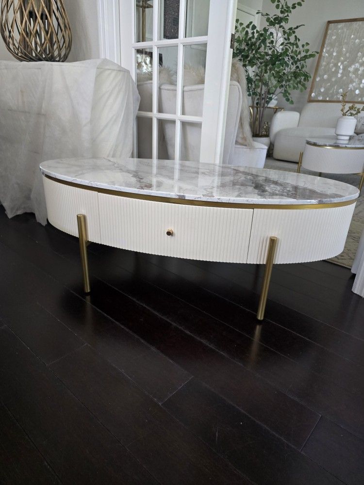 Modern Oval Coffee Table Faux Marble Top with 2 large Drawers Storage ...
