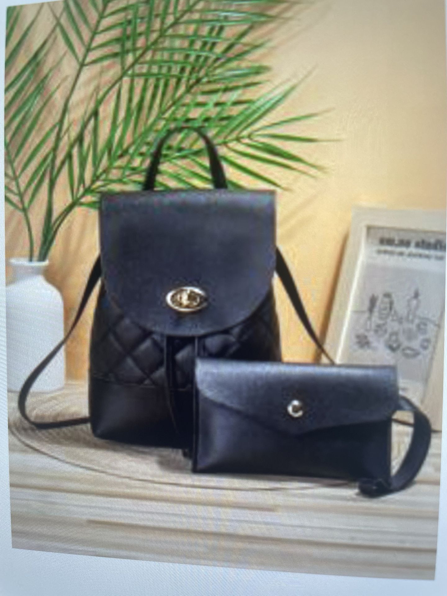 Turn Lock Quilted Flap Backpack With Long Wallet Color Black