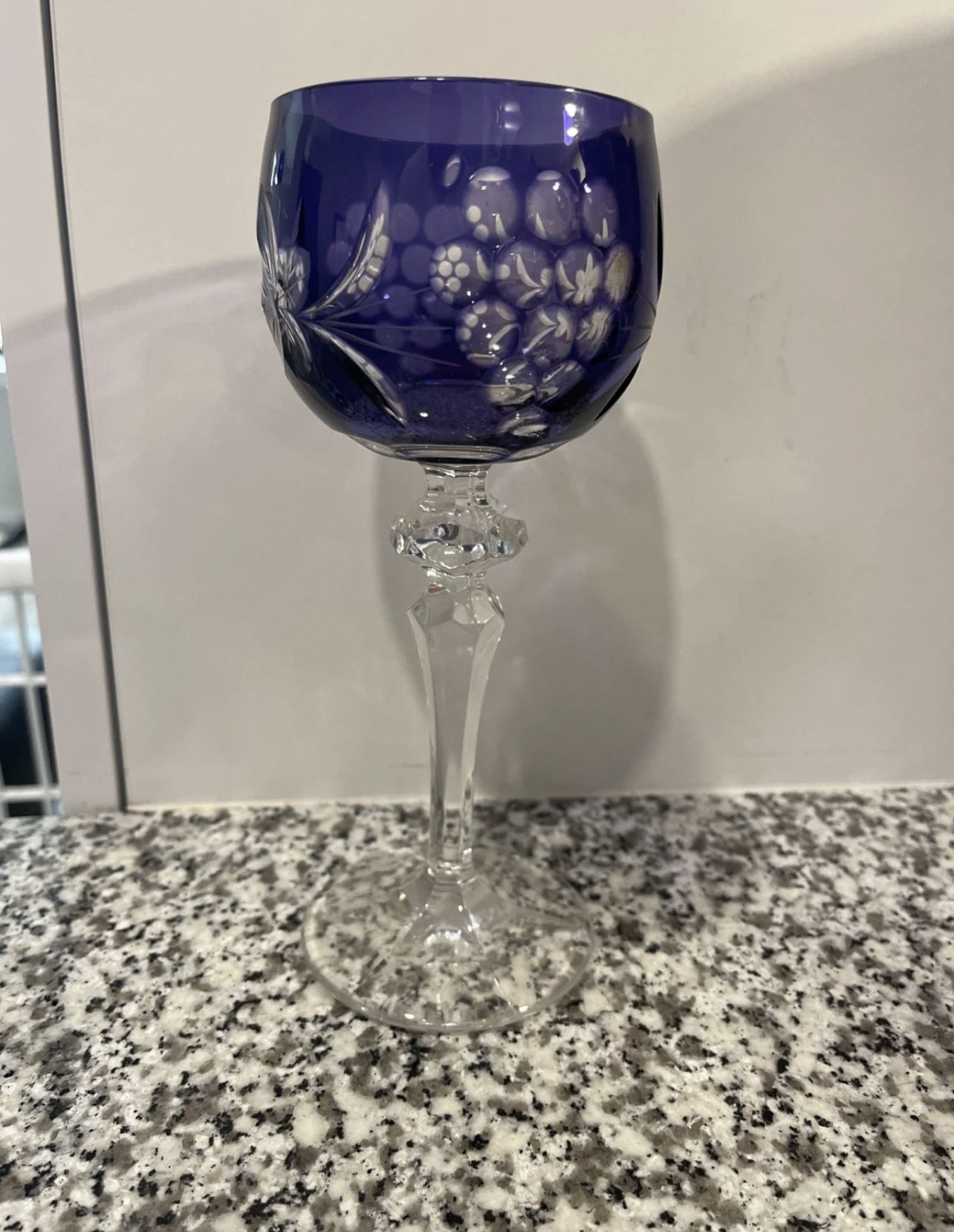 Vintage Amethyst Bohemian Cut To Clear Crystal Hortensia Poland or Czech Cordial Wine/Hocks Goblets. Purple with Clear Glass Stems