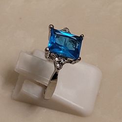 Spectacular Blue Topaz/Sterling CZ Ring(sz7)