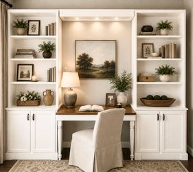 Custom Solid Wood White Office Built-In Wall Unit with Bookshelves, Cabinets, Desk & Lighting