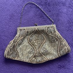 Vintage Hand Beaded Clutch Purse with Chain, Art Deco Style Evening Bag