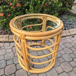 Boho Bamboo Rattan MCM Glass Top Side Coffee Table