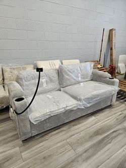 Light Gray Corduroy Loveseat with Cup Holders
