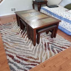 🏷️ UNIQUE WOOD & SLATE COFFEE TABLE WITH 4 TUCKAWAY BENCHES 🏷️