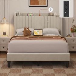 Upholstered Bed Frame, Velvet Bed Frame with Charging Outlets & USB Ports / Storage Headboard with Charging Station / Vertical Channel Tufted Headboar