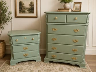 ✨ Refinished Sage Green Dresser & Nightstand Set ✨