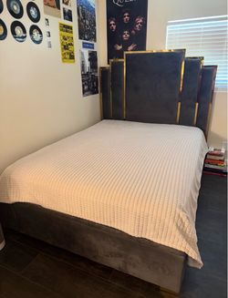 Gray Velvet Bed Frame with Gold Trim Headboard