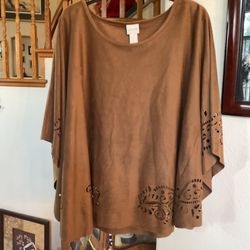 Elegant Suade Like Fabric Shirt With Fringed Shawl  L/XL