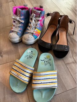 All for $5 Size 1 Disney stitch slide sandal glitter dress up shoes heels Skecher sneakers light up shoes girls used l