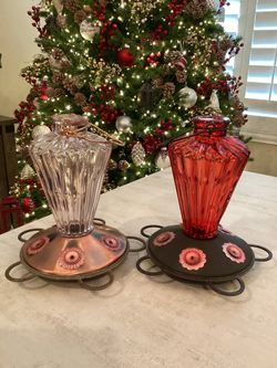 Two Jewel Shaped Glass Hummingbird Feeders