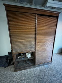 Antique Oak Double Roller Top Tall Cabinet-