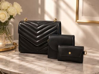 Black Quilted Leather Handbag Set with Wallets