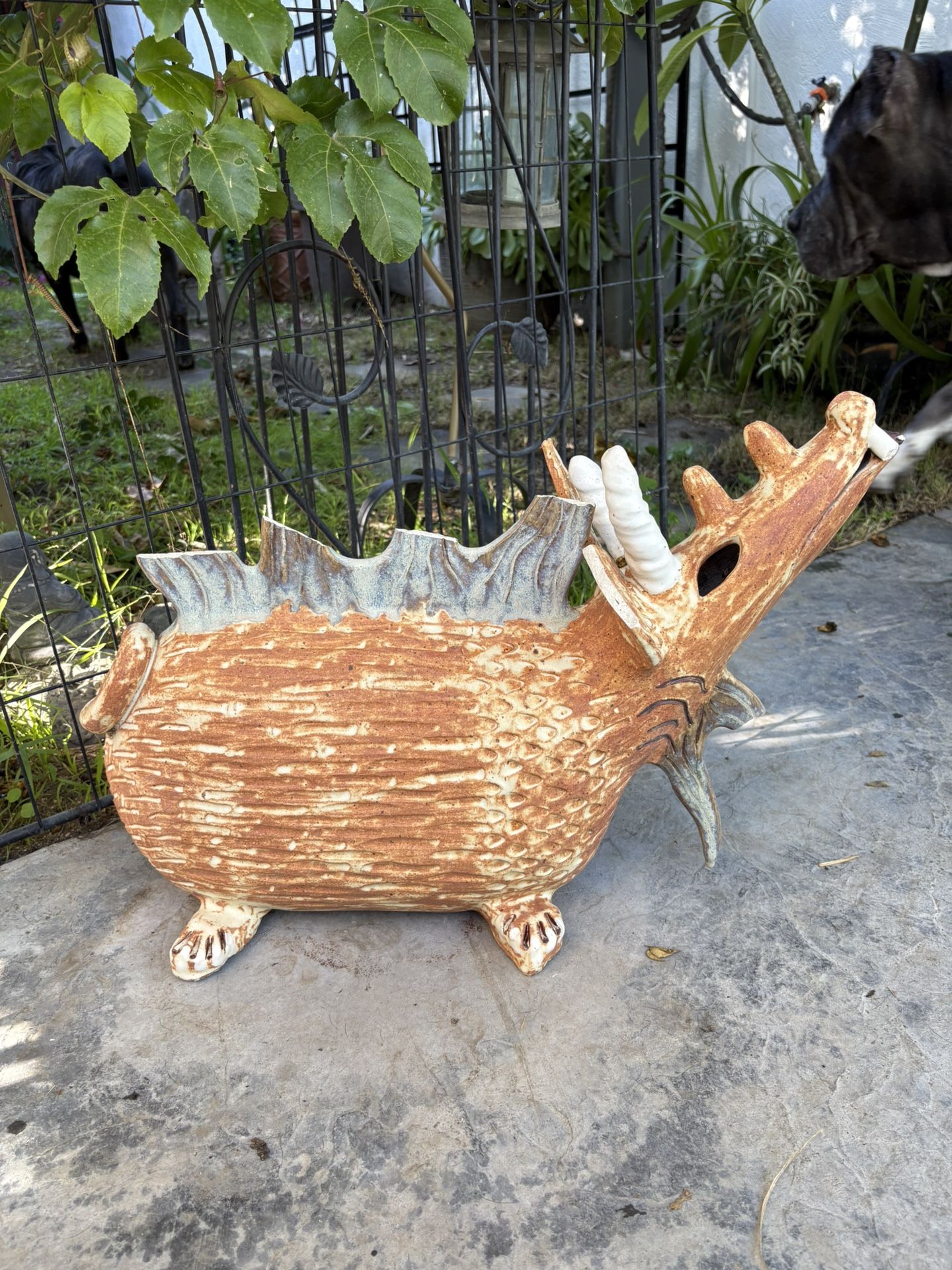 Vintage Large Garden Art Horned Dragon Sculpture Decor Art Pottery Artist Signed Indoor / Outdoor Dragon Decor Rustic Whimsical Yard Art