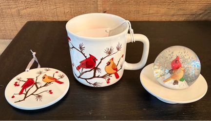 Cardinal ornament, mug and snow globe cover