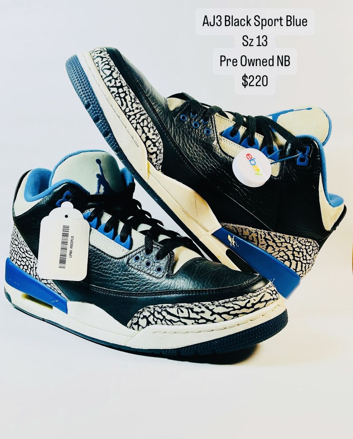 Jordan 3 Black Sport Blue Pre Owned NB Sz 13