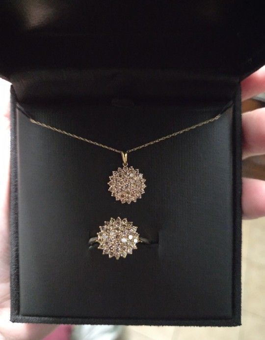 Champagne Diamond 10k Yellow Gold Cluster 1.00ctw Earrings , Ring, and Necklace