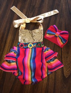 Romper y vestido mexicano se pueden confeccionar en las tallas 0-3 meses a 2 dos años en el color que gusten.