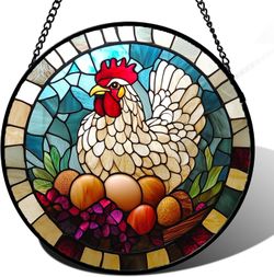 Stained Glass Window Hanging White Chicken Hatching Eggs 7.8" - Suncatcher Door Garden Sunroom Sun Catcher Home Decor Birthday Christmas for Mom Men W