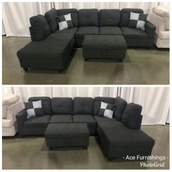Brand New Midnight Grey Linen Fabric Sectional With Storage Ottoman 