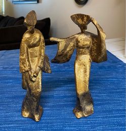 Pair of Vintage MCM cast iron dancing Geisha  figurines 7” tall