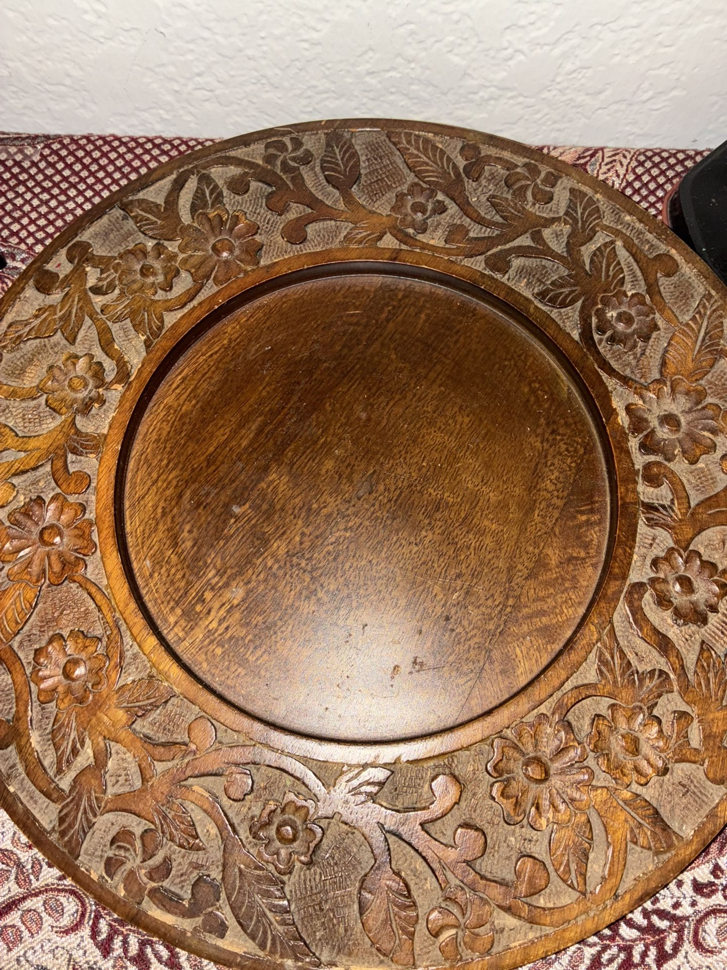 Hand-Carved Wooden Charger Plate / Decorative Tray – Floral Design