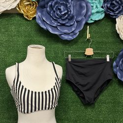 Gap 2 Piece Bathing Suit White Black Striped Top Size Large And Black Bottom Med